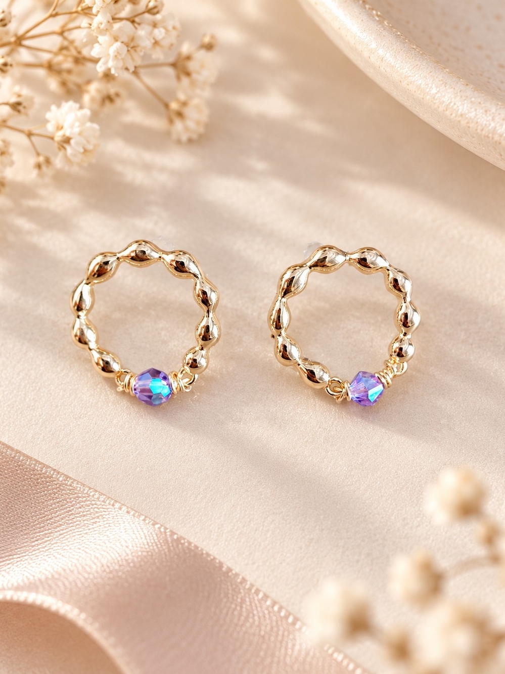 Gold Beaded Hoop Earrings with Iridescent Purple Crystal Accent